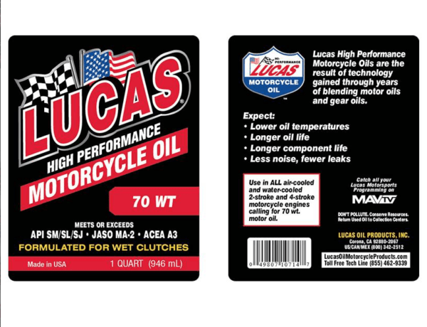 LUCAS OIL 70 WT MOTORCYLE OIL /6x1/Quart/946 mL